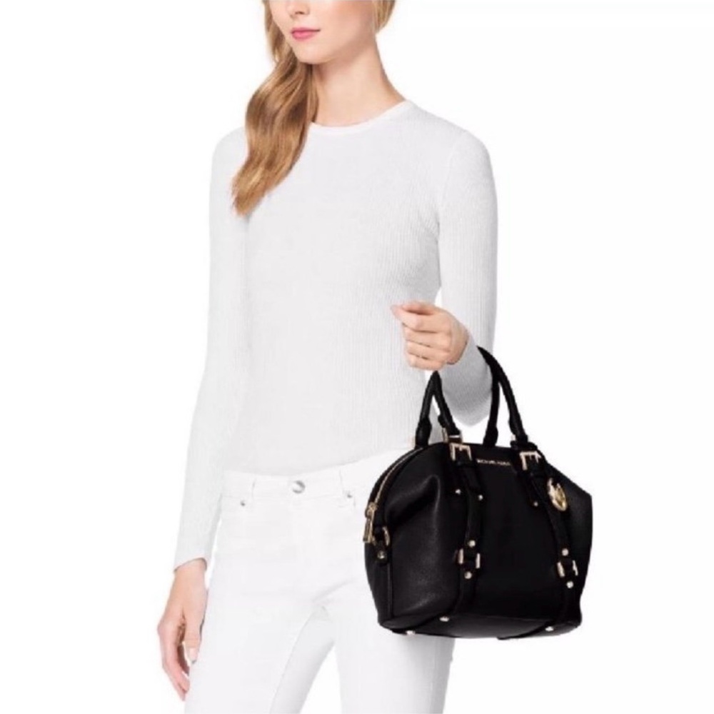 MICHAEL KORS BEDFORD BELTED Black Pebbled Leather Gold Hardware Satchel Bag - Picture 2 of 10